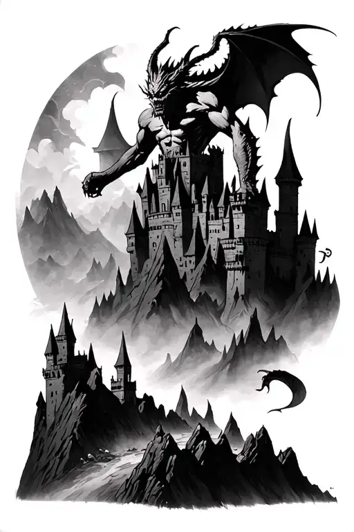 make the castle behind the demon, and the demon smaller, he should stand still on a piece of mountain tattoo design idea