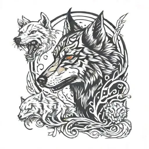 lone wolf surrounded by predators  tattoo design idea