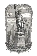 nyc skyline, statue of liberty, twin towers growing with name tattoo design idea