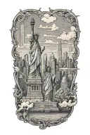 nyc skyline, statue of liberty, twin towers growing with name tattoo design idea