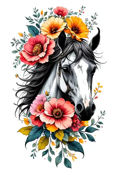 war horse and flowers tattoo design idea