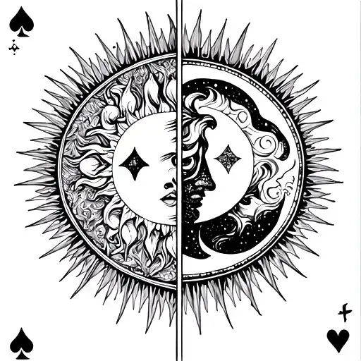 Representation of the two cards of the sun and the strength of the traditional tarot game tattoo design idea