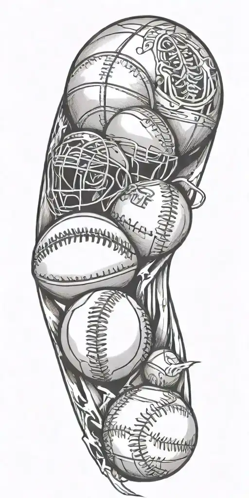 Football and Baseball and Basketball with a saying about family coming first tattoo design idea