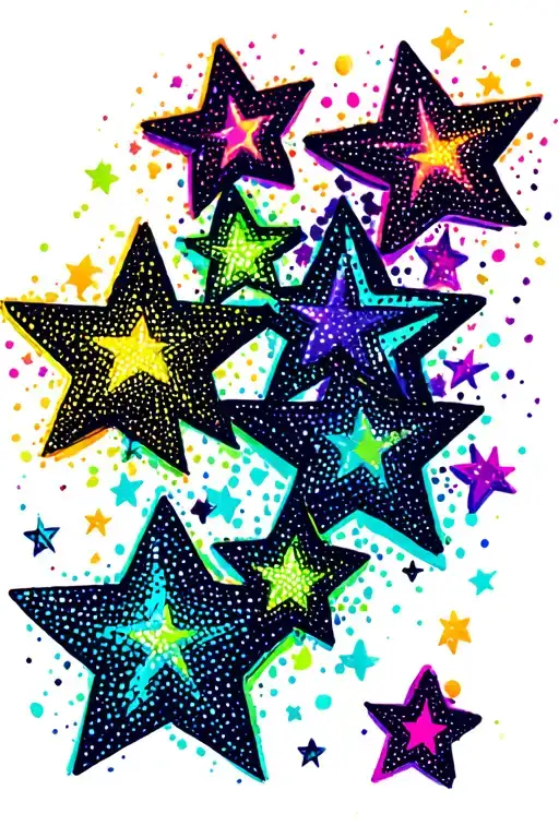 multiple small stars scattered neon colours cyan lime green pink yellow purple orange tattoo design idea