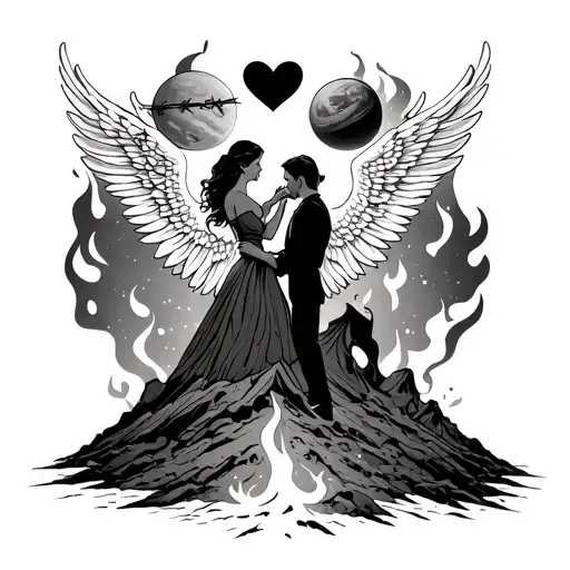 A dancing couple with wings in flames on a burning volcano, two hearts behind barbed wire, two planets tattoo design idea