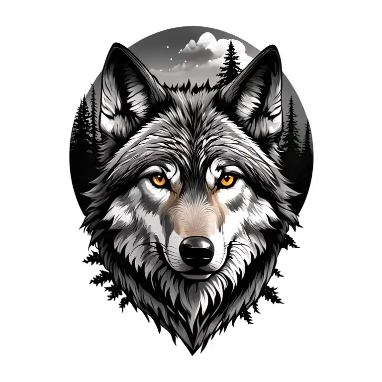 wolf face and forest scene featuring tattoo design idea