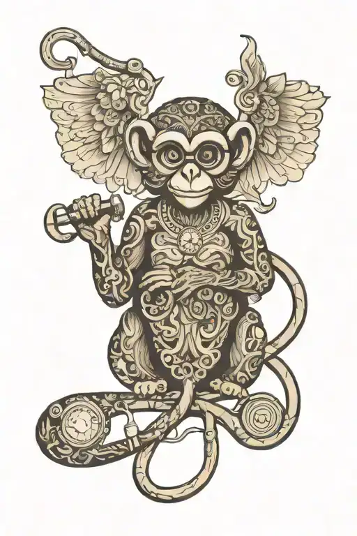 An intricate design of a stethoscope forming the shape of a monkey and owl, representing the client's occupation and favorite animals tattoo design idea