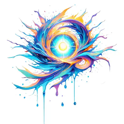 Fluid Aurora Ribbons, Translucent Soundwaves, Shattered Prism Shadows, Melting Harmony Vortex, Glowing-Broken Circle. tattoo design idea