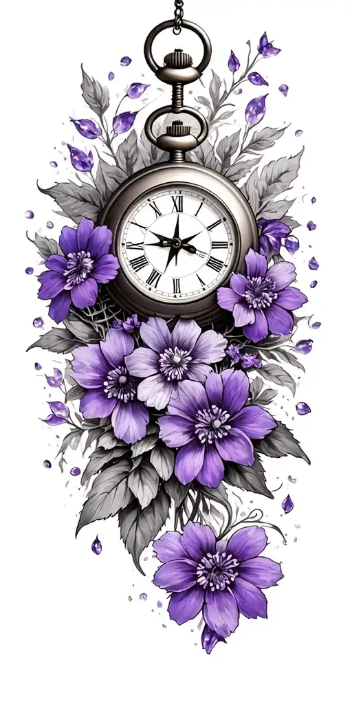 amethyst, violet flowers, compass, pocket watch tattoo design idea