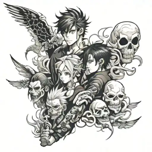 anime sleeve tattoo featuring jjk characters tattoo design idea