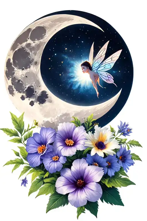 waxing gibbous moon with a baby fairy and aster and morning glory flowers tattoo design idea