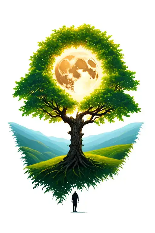 rich tree of life with ground with grass looking above sun with moon with lonely person, hills landscape, green leaves tattoo design idea