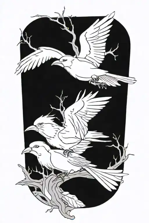 three birds on branch one flying back   tattoo design idea