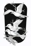 three birds on branch one flying back   tattoo design idea