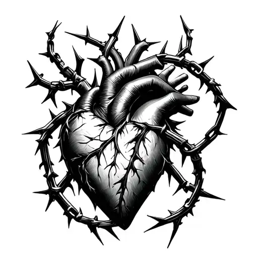 chains thorns cyber sigilism heart tattoo design idea