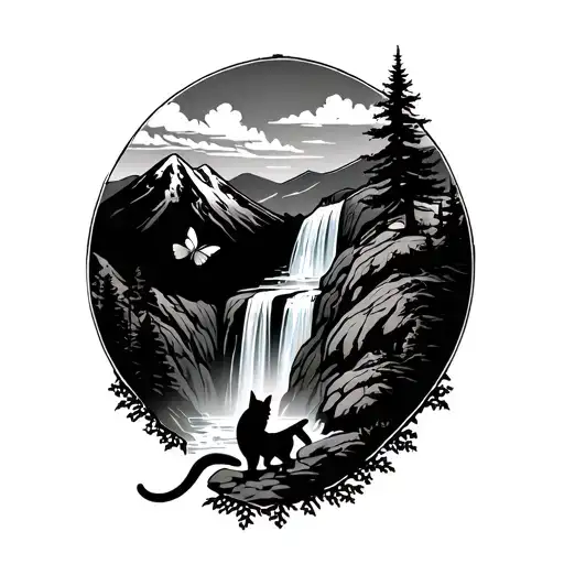man looks climbing on a far mountain, while a cat tries to catch butterfly within bushes and trees,and glacier waterfall tattoo design idea