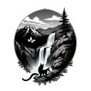 man looks climbing on a far mountain, while a cat tries to catch butterfly within bushes and trees,and glacier waterfall tattoo design idea