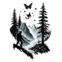 man looks climbing on a far mountain, while a cat tries to catch butterfly within bushes and trees,and glacier waterfall tattoo design idea