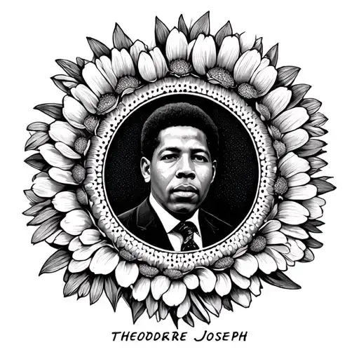 cosmo and marigold bouquet Mandela circular design with name Theodore Joseph in middle  tattoo design idea