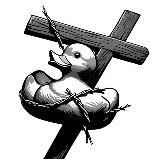 rubber duck strapped to a cross with barbed wire tattoo design idea