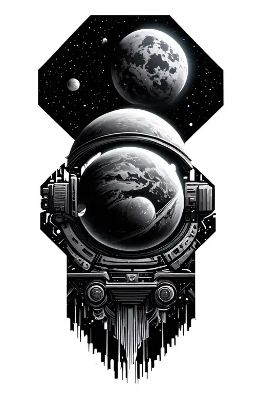 Space theme in a frame of hexagons of pixels tattoo design idea