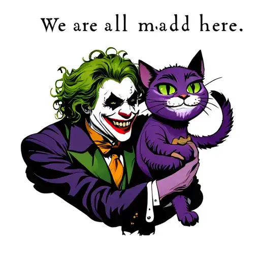 joker laughing holding the purple cheshire cat with a grin. text above "we are all mad here" tattoo design idea
