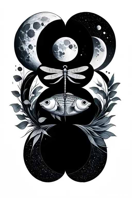 moon phases with pieces fish and a dragonfly geometric tattoo design idea