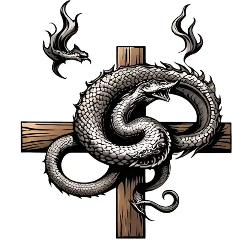 bronze fiery serpent on a wooden cross tattoo design idea