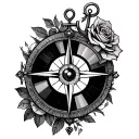sailor's compass, kaleidoscope heart, vinyl record roses, neon rope anchor, broken stained glass eye tattoo design idea