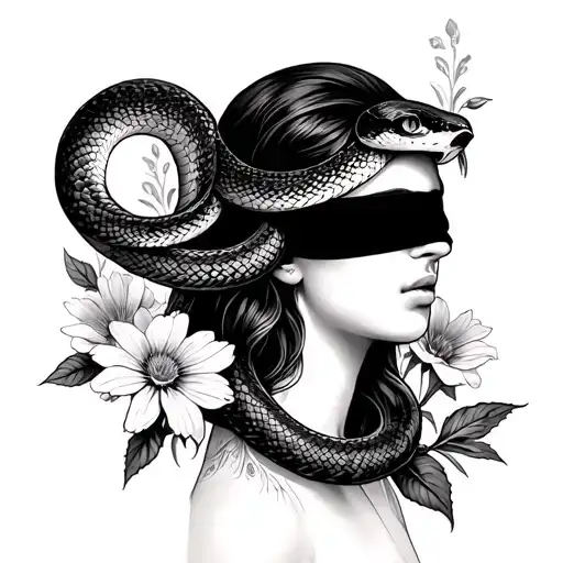 virgo maiden blindfolded with a snake coiled around her. Morning glory flowers and Aster flowers in the background. tattoo design idea