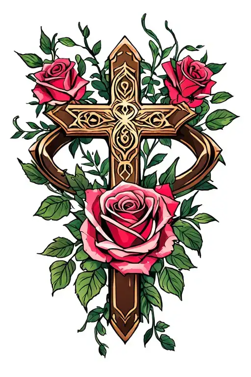 cross and roses tattoo design idea