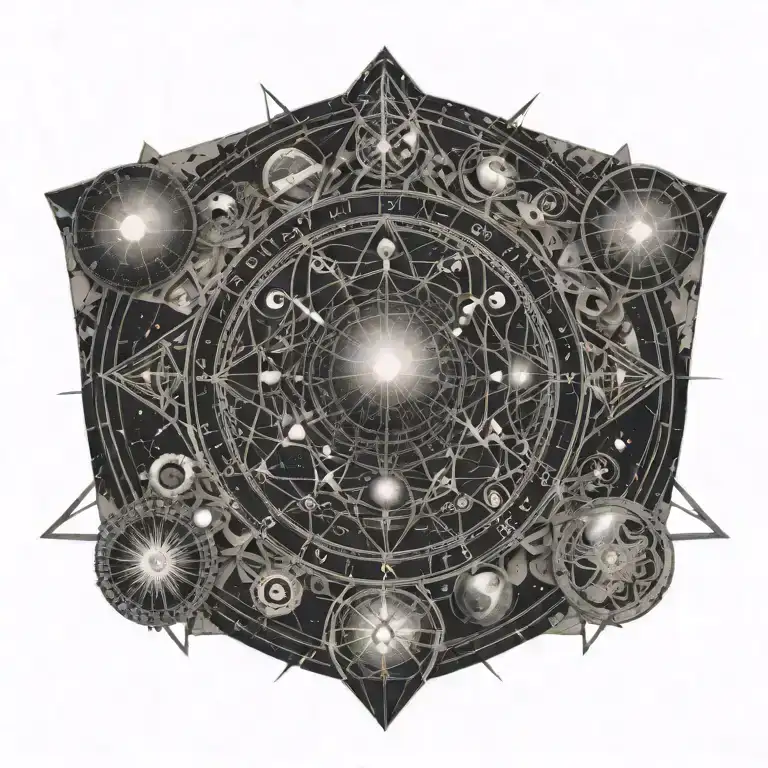 A black-grey tattoo design combining elements of astronomy and ancient mathematics tattoo design idea