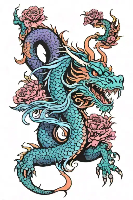 rainbow japanese dragon with chinese dragon horns and 4 toes wrapped round surround by hycanith and carnations tattoo design idea