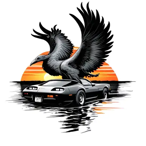 simplified poniac firebird trans 2001 am driving into a sunset tattoo design idea