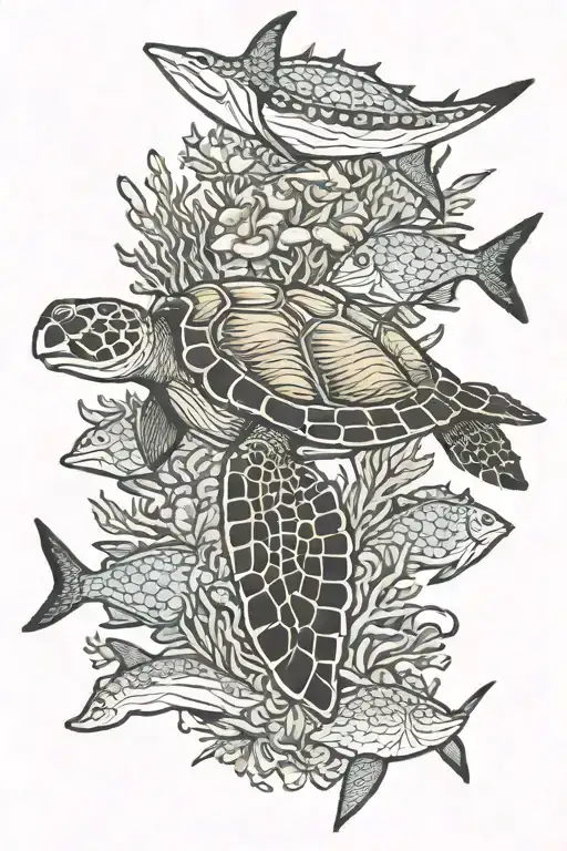 underwater scene with turtle swimming near coral reef, shark, manta ray tattoo design idea
