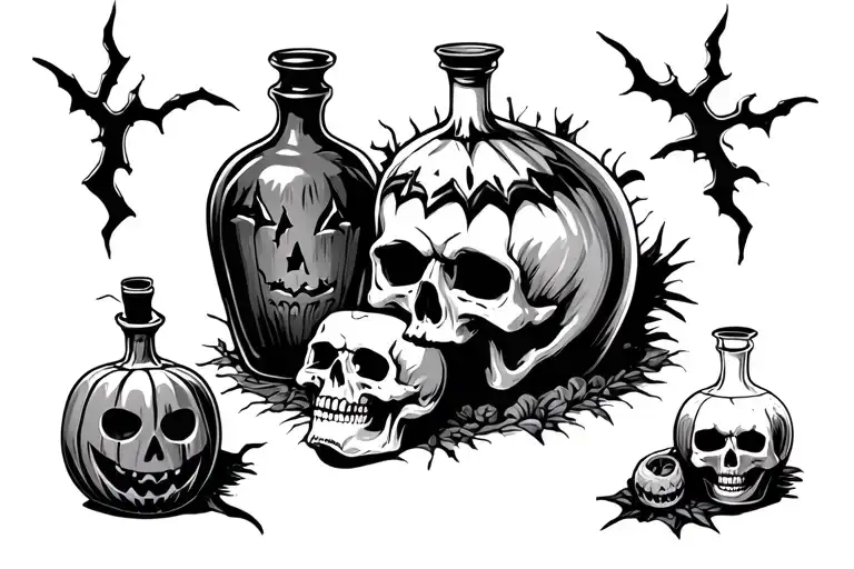 Create a halloween flash sheet for tattooing with different designs, tomb stones, different potion bottles, skulls, cree tattoo design idea