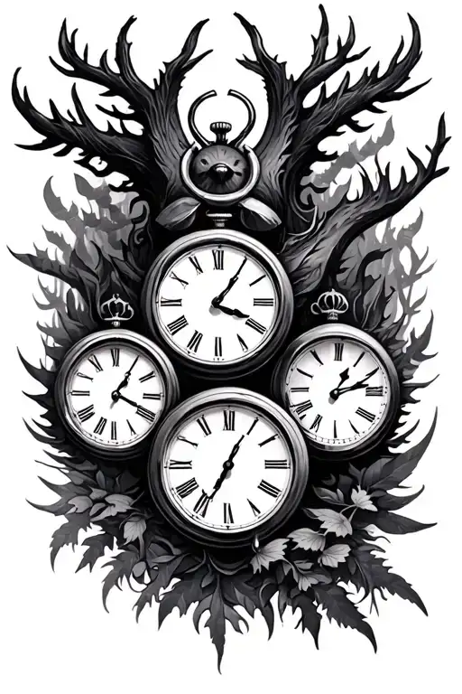 3 clocks wilderness tattoo design idea