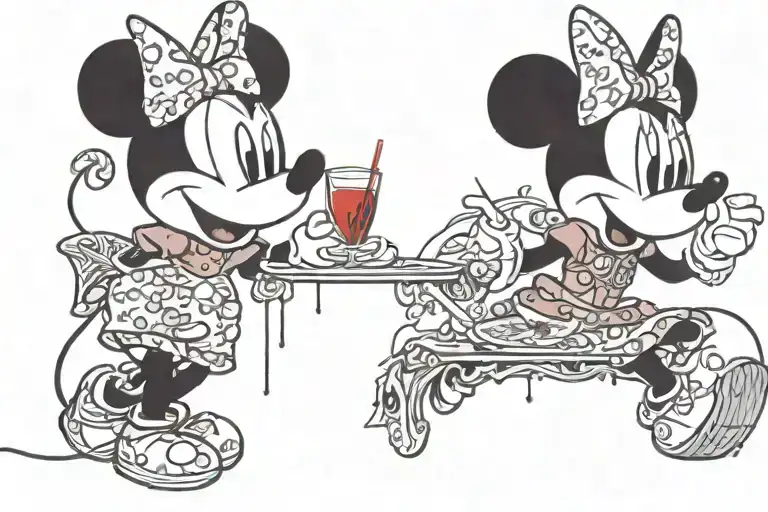 Mickey Mouse wearing blood red dress shit with black in black suit Minnie Mouse wearing a blood red tight cocktail dress tattoo design idea