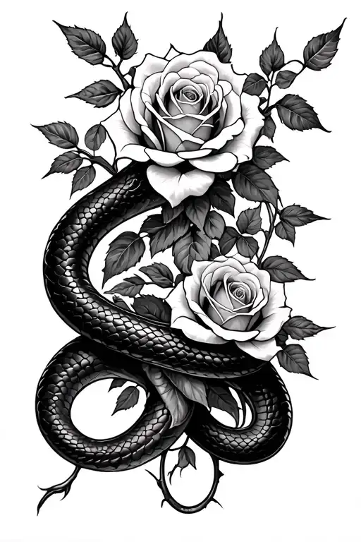 roses with vines and thorns, with a black mamba snake wrapping around the arm going up tattoo design idea