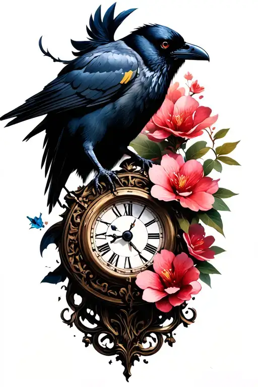 Perfect 👌 Here is the prompt optimized in French for your variant 2 (Raven tattoo + cracked clock + Sakura). You po tattoo design idea