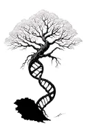 Hyper‑stylized Tree of Life tattoo in black ink, with the trunk shaped from a twisting DNA double helix  tattoo design idea
