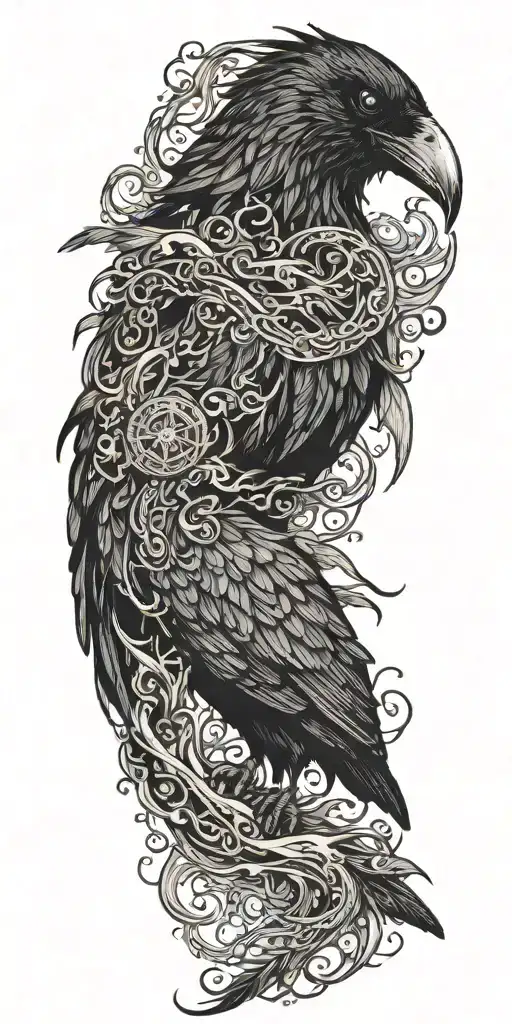 raven, medusa, fire, waves, and feathers falling tattoo design idea