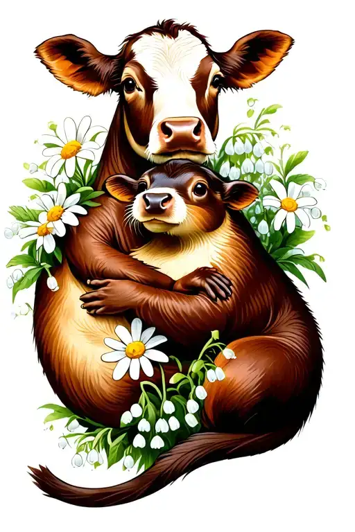 cow and otter hugging with daisys and lily of the valley tattoo design idea