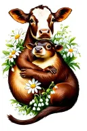 cow and otter hugging with daisys and lily of the valley tattoo design idea