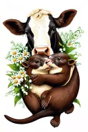 cow and otter hugging with daisys and lily of the valley tattoo design idea