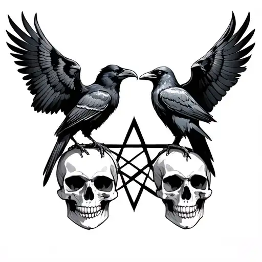 two ravens perched on skulls opposite eachother with pentagram inbetween tattoo design idea