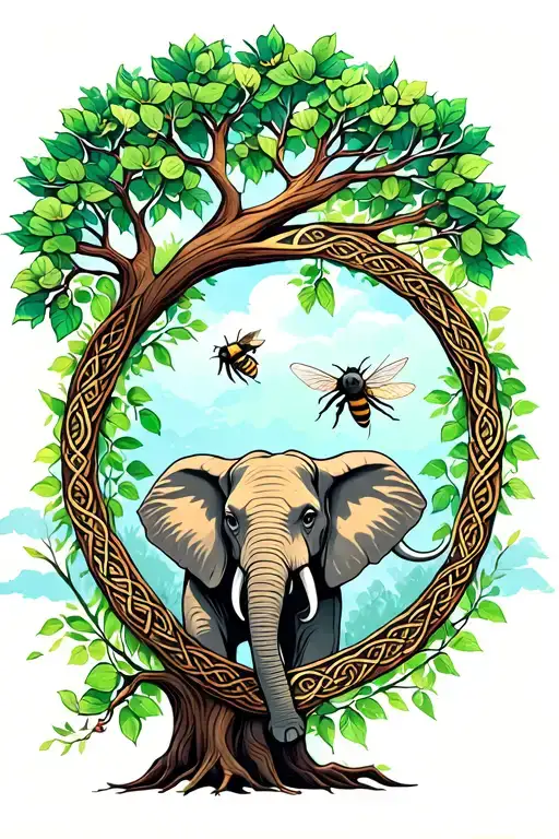 tree of life with an elephant in the trunk, a bee flying and a sugar glider with celtic designs tattoo design idea
