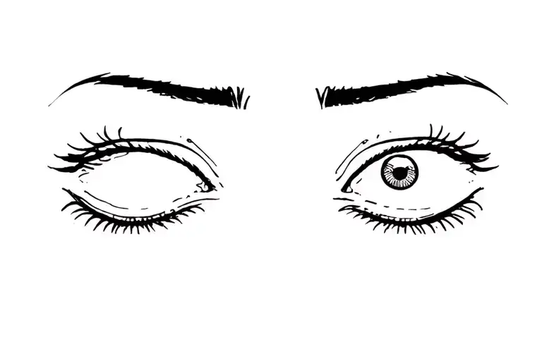 Minimalist eye area with two eyes without eyelashes, serious expression, on the eyelid the lettering "line dance" tattoo design idea