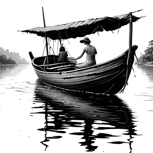 vietnamese fishing boat in calm water with a woman sitting in it tattoo design idea