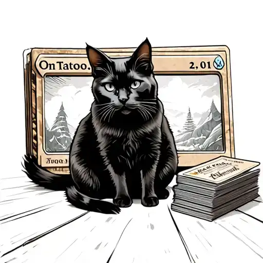 simple black cat sitting next to a deck of Magic the Gathering cards tattoo design idea
